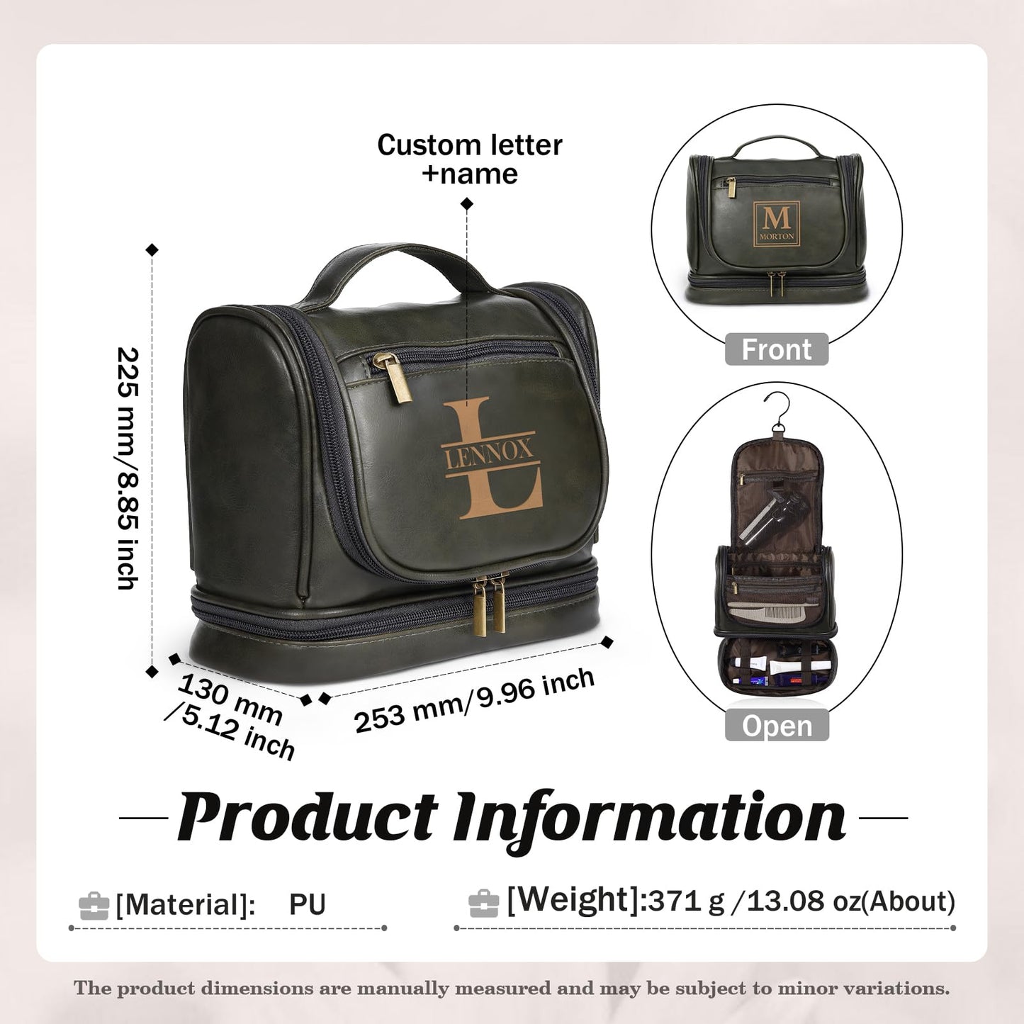 Zeekisfia Personalized Toiletry Bag for Men, Custom Engraved Travel Dopp Kit Bag, Customized Name Initials Gift for Dad, Boyfriend, Husband Father's Day, Wedding, Birthday(Green)