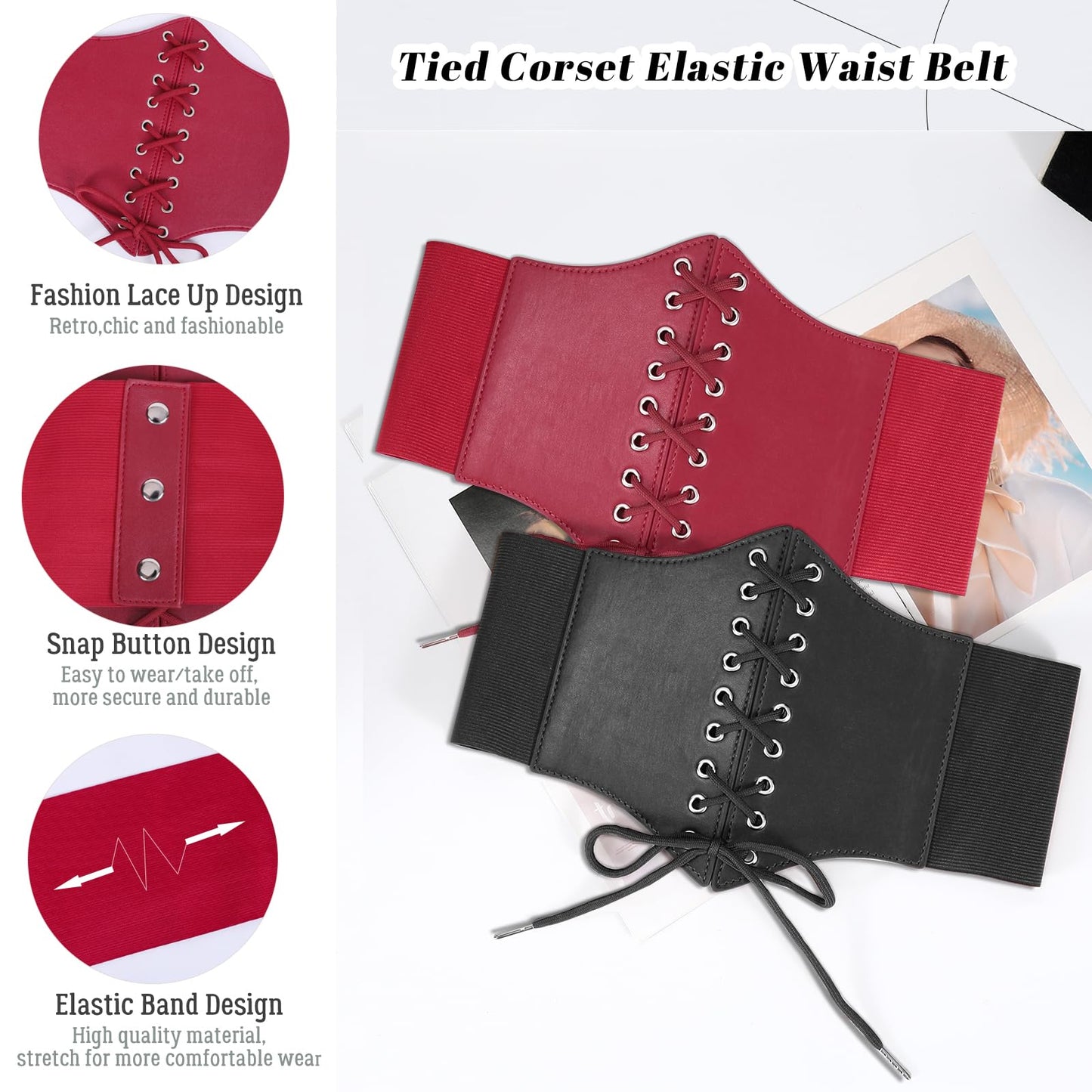 JASGOOD 2 Pack Women’s Elastic Costume Waist Belt Lace-up Tied Waspie Halloween Corset Belts for Women
