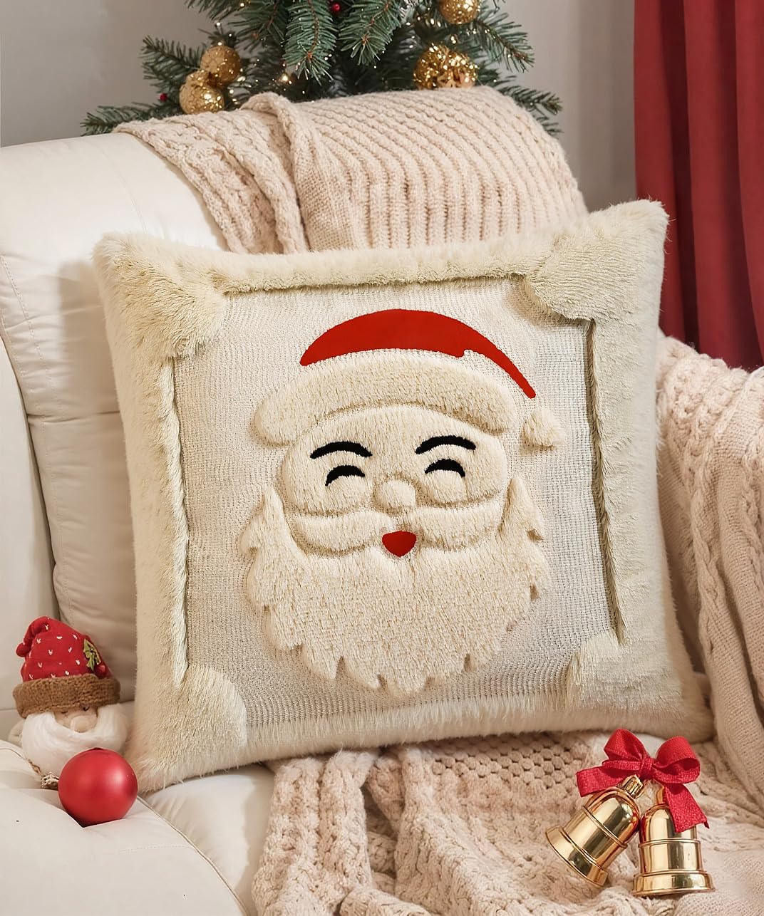 SEGXCFL Christmas Pillow Covers Set of 2 Soft Plush Faux Fur Pillow Cases 3D Embroidered Decorative Couch Cover Home Decor Christmas Throw Pillow Covers 18x18,Beige Santa Clauss