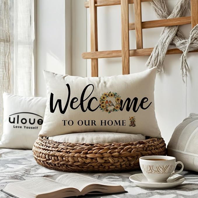 ULOVE LOVE YOURSELF Welcome Throw Pillow Covers 12 x 20 Inch Summer Holiday Decorative Lumbar Pillowcases Farmhouse Sunflowers Birds Cushion Covers for Front Porch Decor