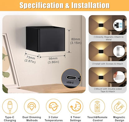 Motion Sensor Wall Sconces with Remote Control, 6000mAh Black Wireless Touch Control Rechargeable Wall Lamps with 3 Color Temperatures, LED Up Down Battery Operated Wall Lights Indoor, 2-Pack