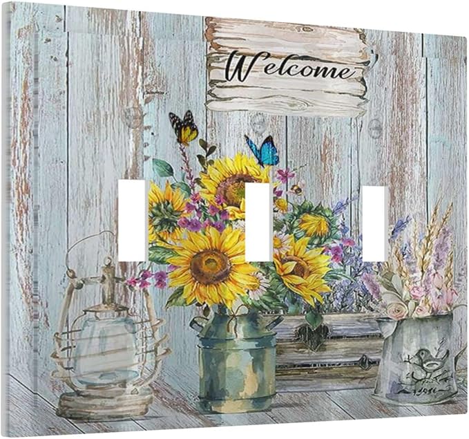 Sunflower Vintage Barn Wooden 3 Gang Light Switch Covers Sun floral Triple Toggle Wall Plate Decorative Switchplate Electrical Faceplate Farmhouse Home Livingroom Decor
