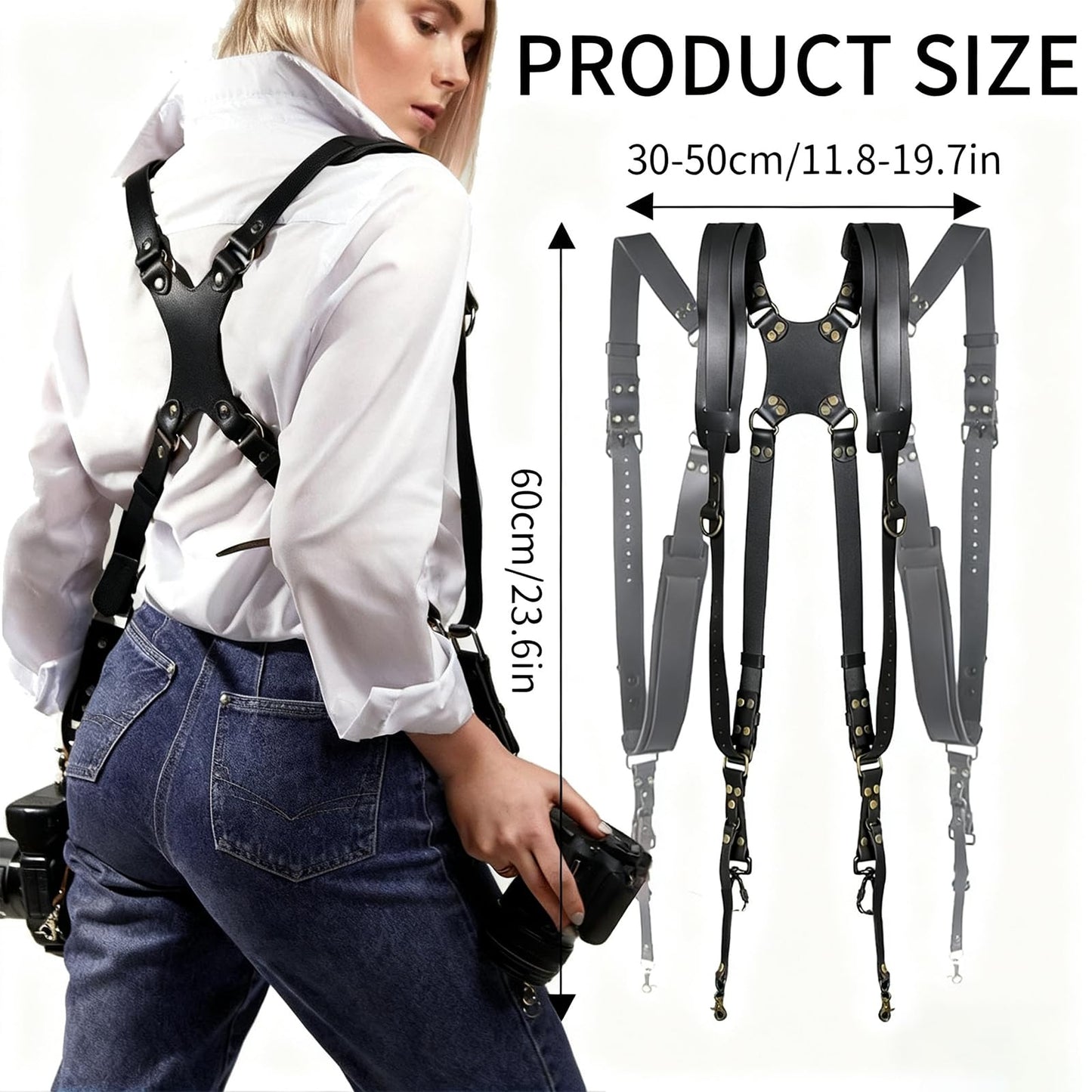 YIHAOSSING Camera Harness,Black Camera Straps for Photographers,Leather Dual Camera Strap for Two DSLR/SLR Cameras (black)