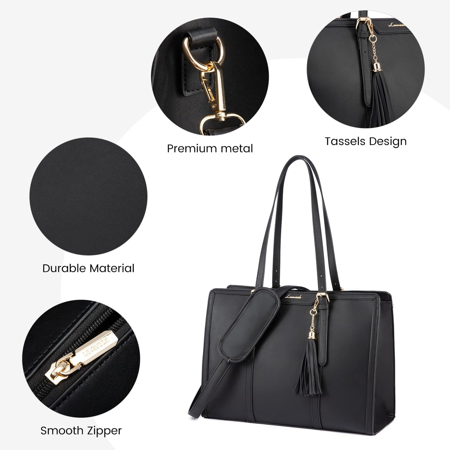 LOVEVOOK Laptop Bag for Women 17.3 Inch Lightweight PU Laptop Tote Bag, Large Capacity Computer bag with Clutch Purse for Business, Work, Office, Travel, School, Casual(Black & Leather)
