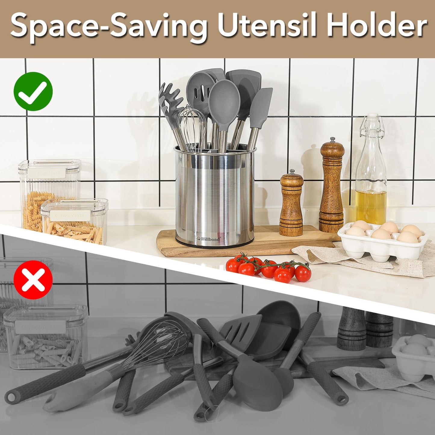 Hillbond 7.5x6.9 Inch EXTRA LARGE Utensil Holder for Countertop, Stainless Steel Rotating Organizer with Removable Divider, Space-Saving for Large Kitchen Utensils Set & Spacious Kitchens
