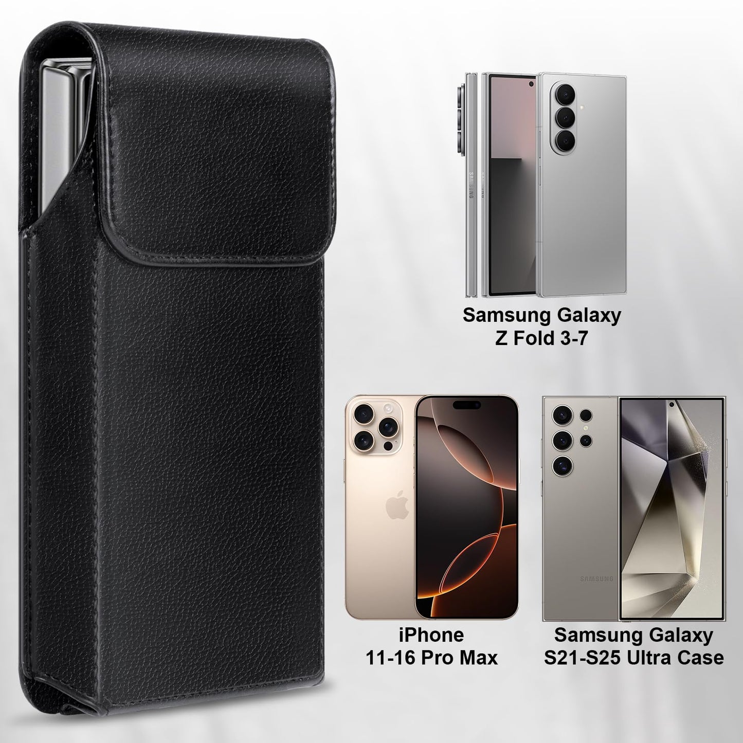 Leather Phone Holster for Samsung Galaxy Z Fold 7/6/5/4/3 Case with Belt Clip for iPhone 16/15/14/13 /12/11 Pro Max & Galaxy S26/S25/S24/S23 Ultra Cover Carrying Pouch Card Holder(V Black)