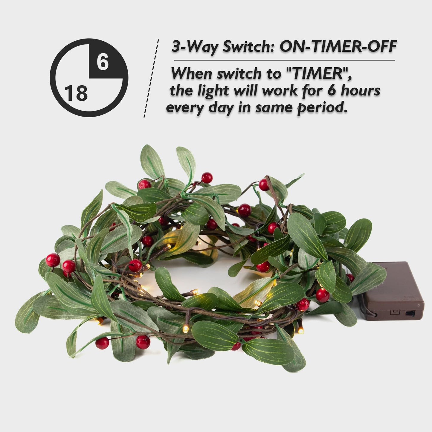 Rhytsing 5.9FT Red Berry Green Leaves Branch Pre-lit Garland with 30 LED Lights, Battery Operated Fairy String Lights with Timer Function for Christmas Mantel Decoration