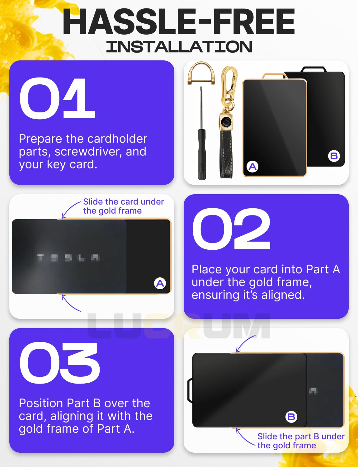 Lucrum Compatible with Tesla Card Key Holder & Leather Keychain - Model 3, S, Y, X, Cybertrack 2023-2024 TPU Accessories - Black