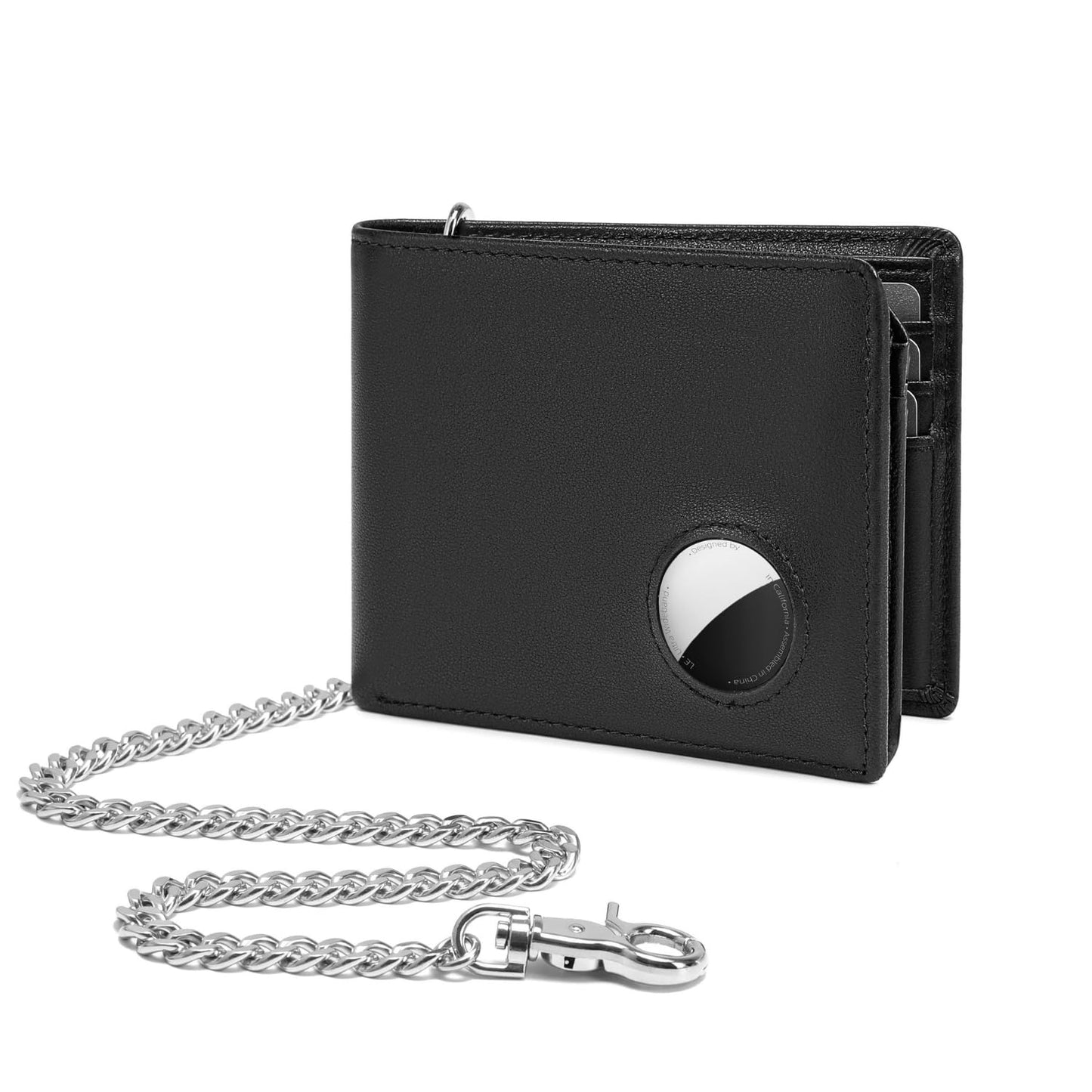 KLOMORE AirTag Chain Wallets for Men (Airtag Not Included), Sleek and Slim, RFID Blocking Genuine Leather Bifold Mens Wallet Includes ID Window Credit Card Holder with Sturdy Chain