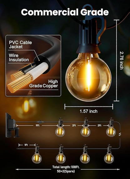 Brightown 108FT Solar String Lights Outdoor with Remote and 52 LED Shatterproof Bulbs, Dimmable & Timable, 3 Light Modes, Solar Patio String Lights Outdoor for Cafe, Garden, Deck, Outside Wedding