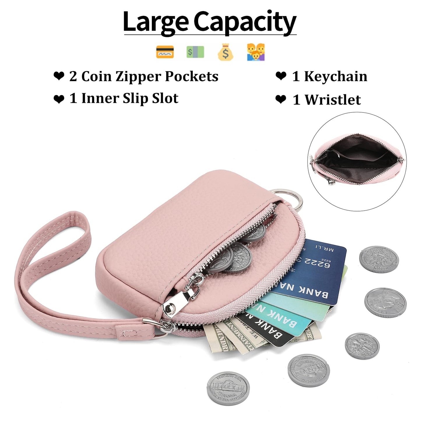 GAEKEAO Coin Purse for Women Small Wristlet Wallets Vegan Leather Change Pouch with Hidden Keychain and 2 Zipper Pockets