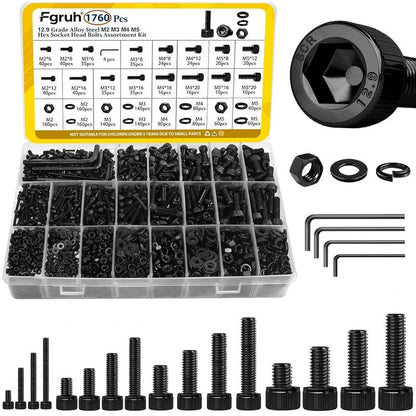 Fgruh 1760PCS Metric Screw Assortment Kit,M2 M3 M4 M5 Screws Set, Hex Socket Head Cap Bolts Nuts and Washers Kit for 3D Printing DIY, Grade 12.9 Alloy Steel, Black Zinc Plated