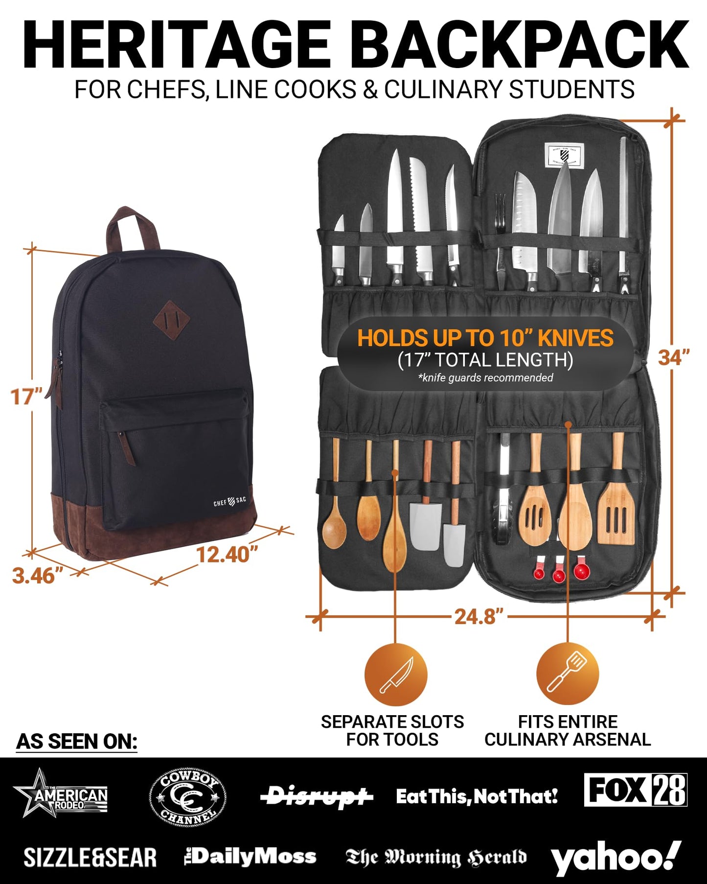 Chef Knife Backpack, Professional Knife Bag for Chefs and Culinary Students, Heritage Design, Reinforced Handles, YKK Zippers, Secure Knife Retention Panels, Durable Water-Resistant Fabric (Black)