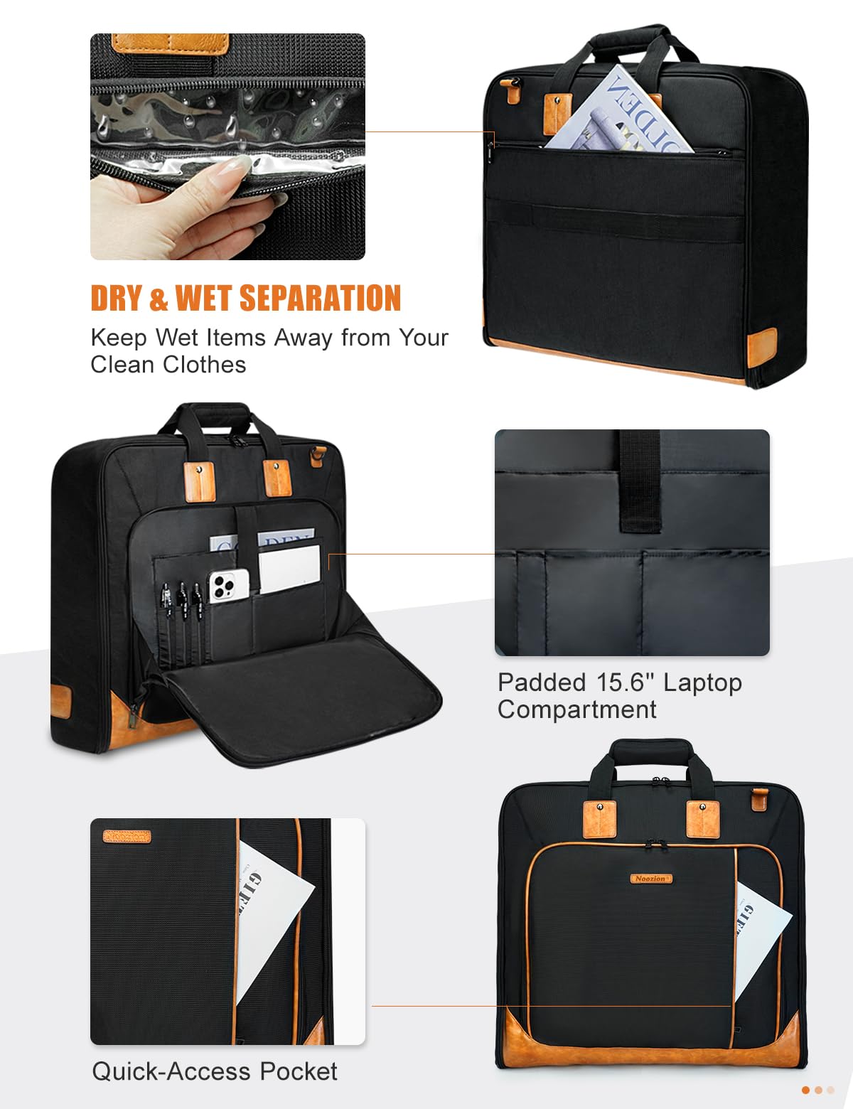 Noozion Garment Bag for Travel, Large Carry On Suit Bag for Business Up to 3 Suits, Wrinkle Free Garment Bag for Hanging Clothes with Shoulder Strap, Laptop Compartment, and Wet-Dry Pocket
