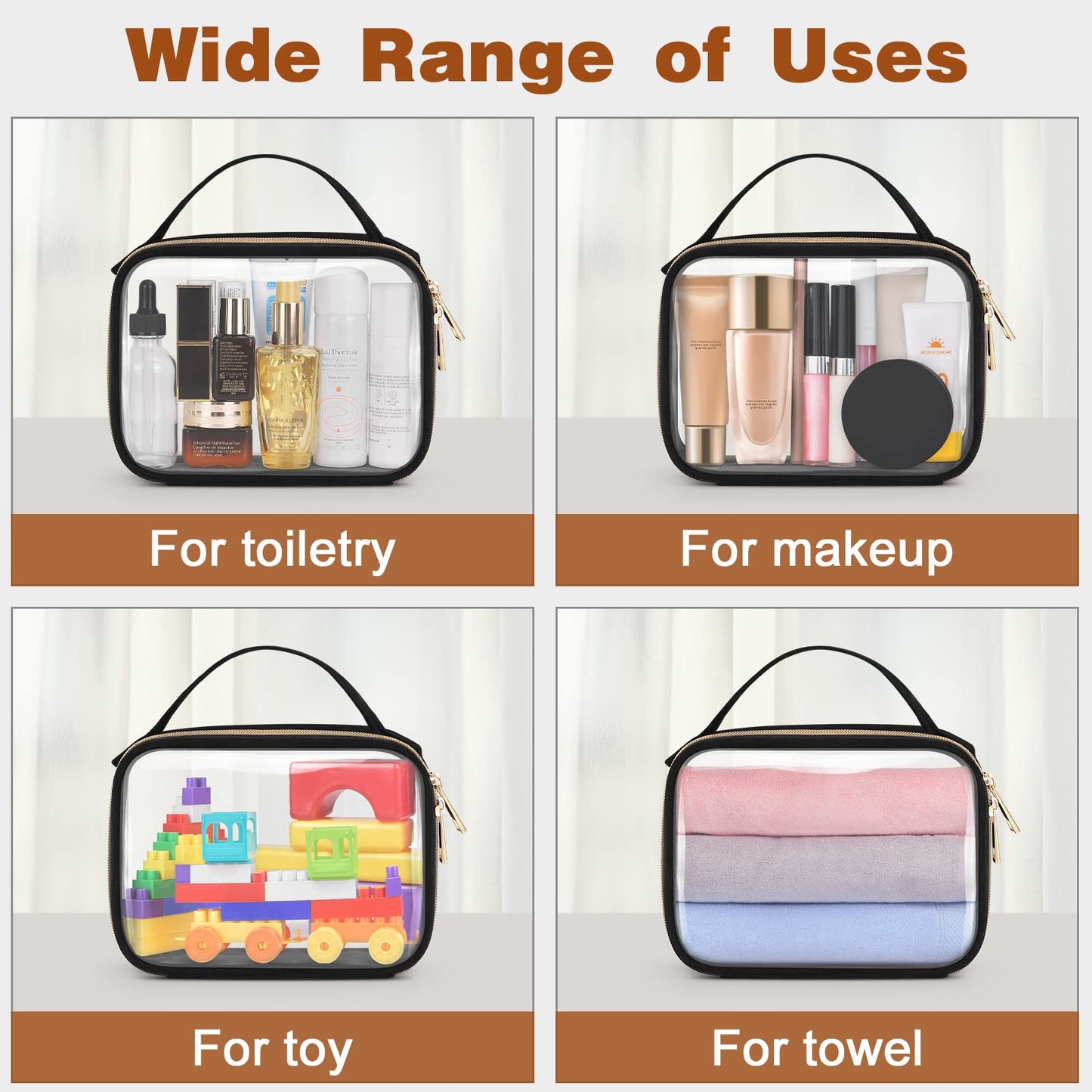 Wedama TSA Approved Toiletry Bag, 3 Pack Clear Makeup Bags with Handles, Quart Size Clear Toiletry Bags, PVC Cosmetic Bags for Women and Men, Carry on Airport Airline Compliant Bag, Black