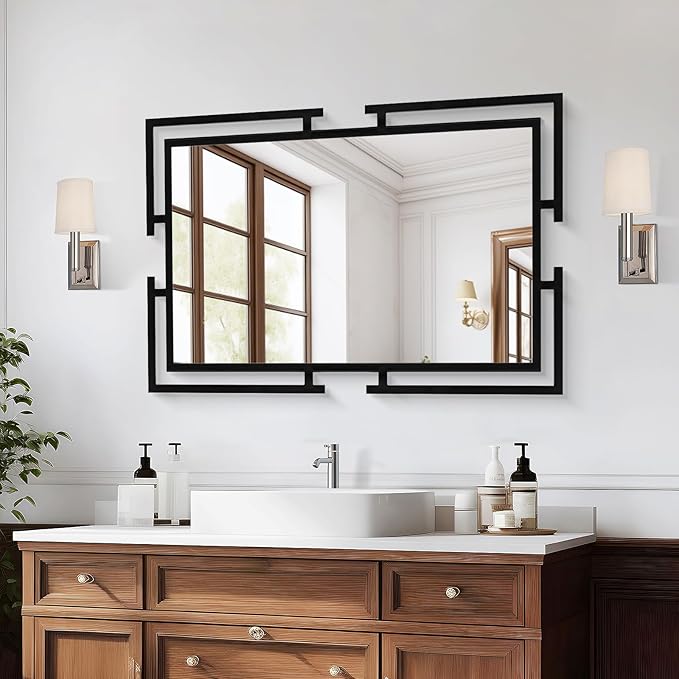 Large Wall Mirror for Living Room, 28"x40" Decorative Wall Mirror for Over Sink, Tempered Glass Mirror with Metal Frame for Bedroom, Black Mirror, Horizontal/Vertical
