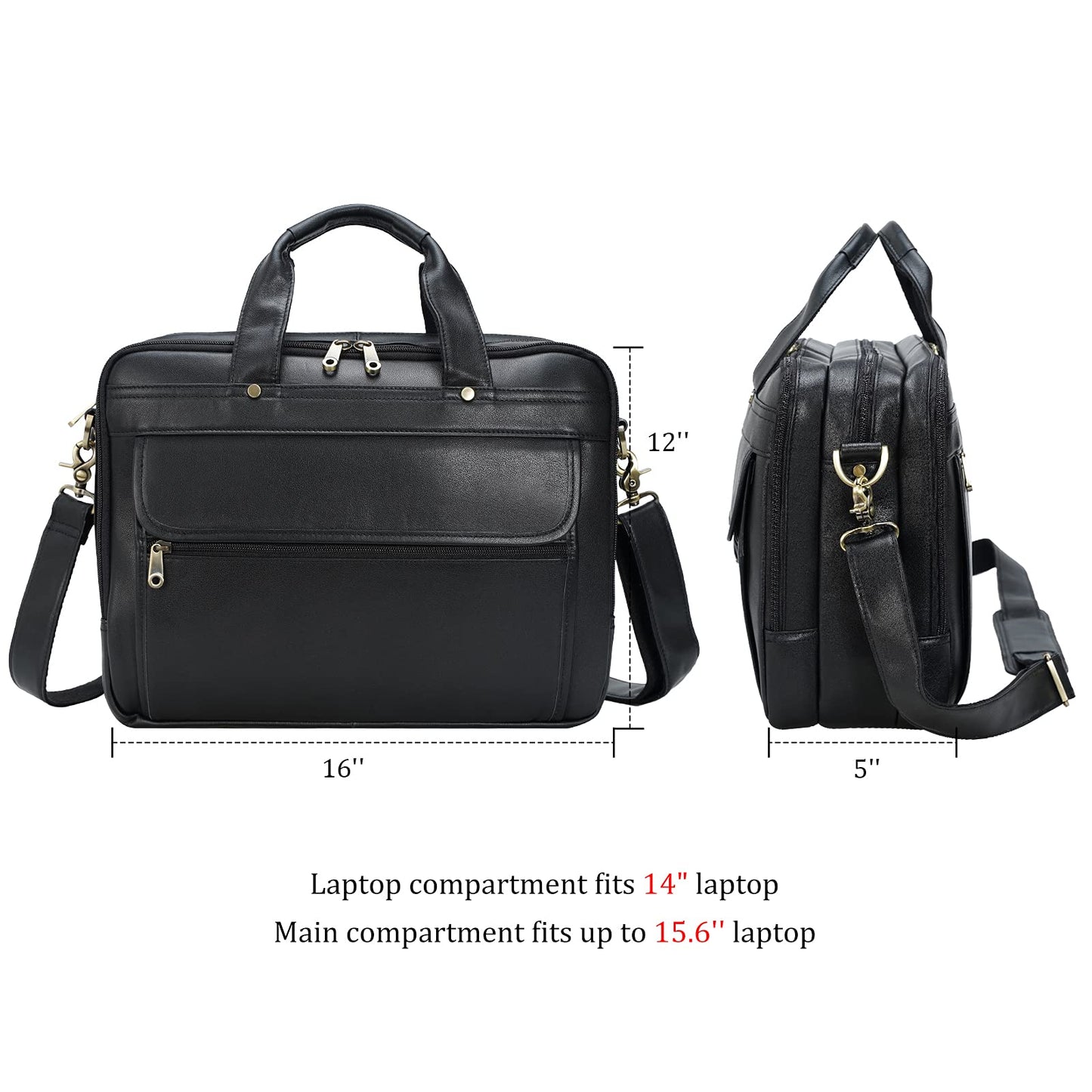 Polare Natural Napa Leather 16'' Black Business Briefcase Laptop Messenger Bag for Men with YKK Zippers