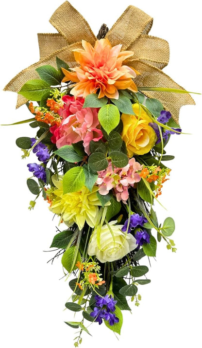 Spring Summer Floral Teardrop Swags Lighted Mixed Flower Teardrop Wreath with Dahlia Pinnata Peonies Rose Burlap Bow and Eucalyptus Leaves Floral Arrangement for Door Wall Mantel Window