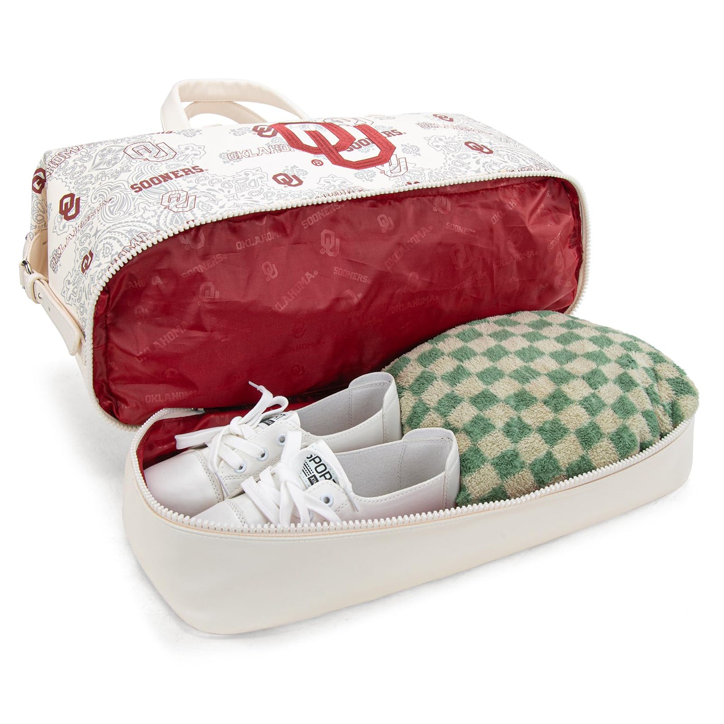 Oklahoma Sooners Duffel Gym Bag with Trolley Sleeve, OU Overnight Duffel Bag for Sport Fan Gifts | Beige, NC-OU008BG