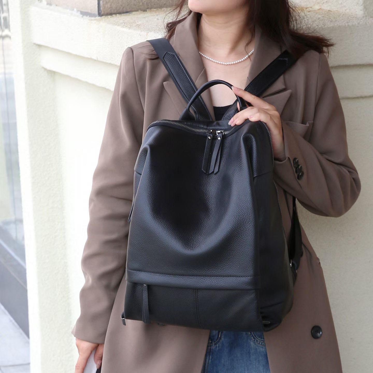 Wesccimo Genuine Leather Backpack Purse for Women, Fashion Designer Soft Backpack with Large Compartment Black