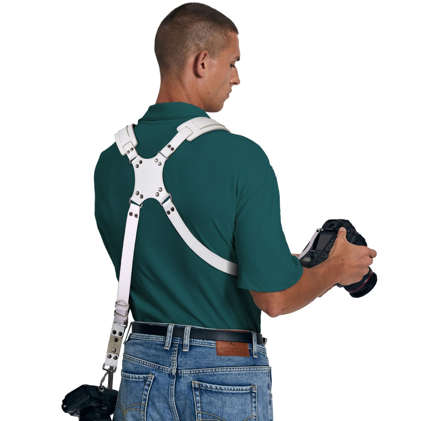 Padwa Lifestyle White Dual Camera Harness Strap for Two Cameras - Dual Shoulder Full Grain Leather Harness,Multi Double Camera Gear with Thick Padded,Double Camera Harness for Photographers