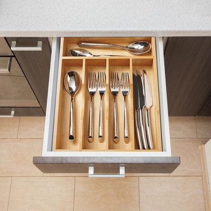 Umilife Bamboo Kitchen Drawer Organizer, 13 Inch Silverware Utensil Tray Holder, Extra Deep Grooved Drawer Divider, 7 Slots Total Bamboo Wood Caddy for Flatware Cutlery Knives, Forks, Spoons