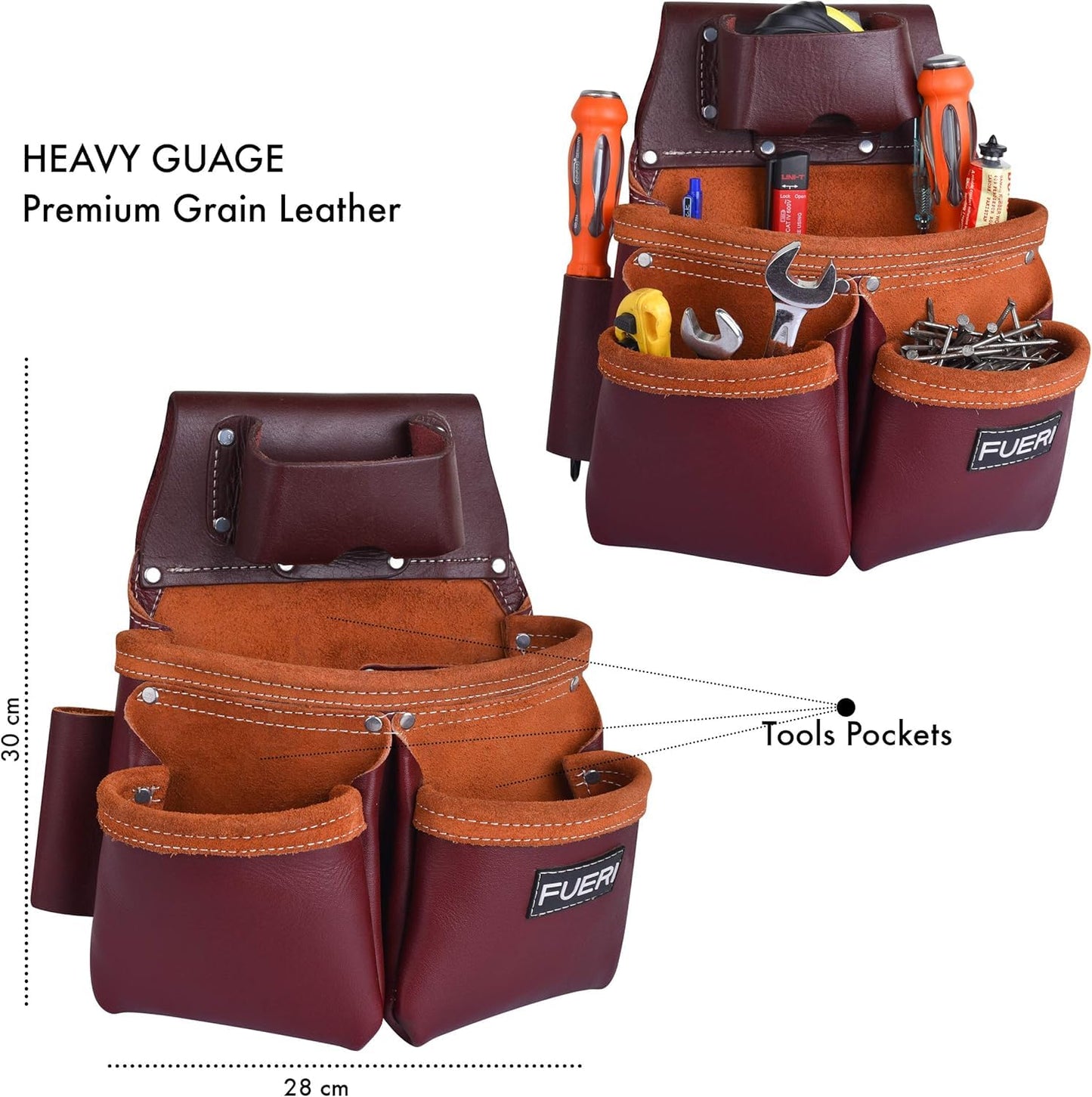 FUERI Leather Tool Belts with Suspender for Men, Heavy-Duty Durable Carpenter Tool Rig Organizer With 19 Pockets-2 Pouches, Padded Suspender, Hammer Holder, D-Loops & Foam-Padded Belt Electricians