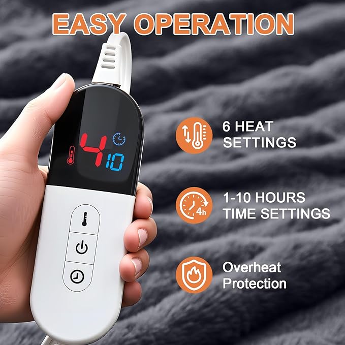 Heated Blanket Electric Throw Blanket 72''X 84''-Heating Blanket with 6 Heat Settings-10 Hours Auto Off,Cozy Faux Rabbit Fur Bubble Electric Blanket,Dark Gray