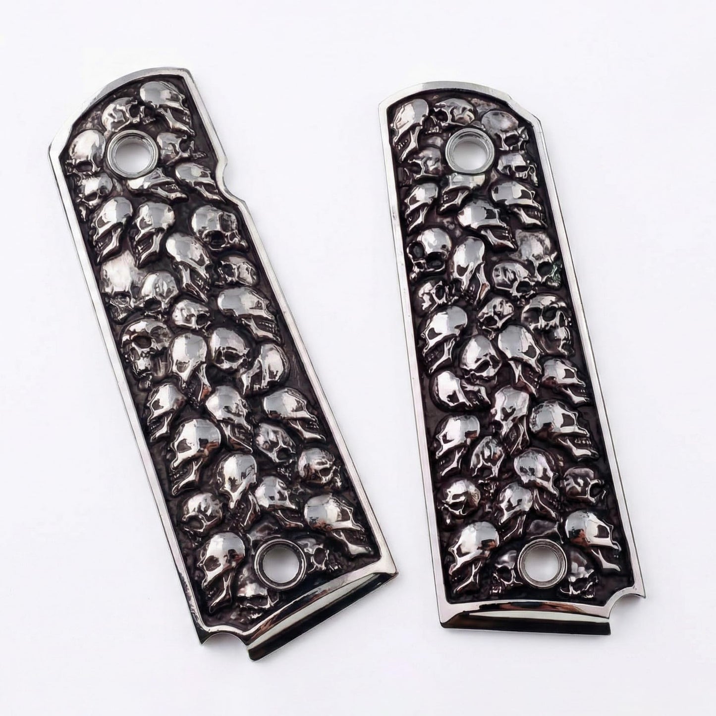 1911 Grips – Aluminum Alloy Pewter Finish Skull Design – Compatible with Colt, Kimber, Springfield, Rock Island, S&W and 1911 Government Model Clones – Full Size Frame, No Ambi Safety