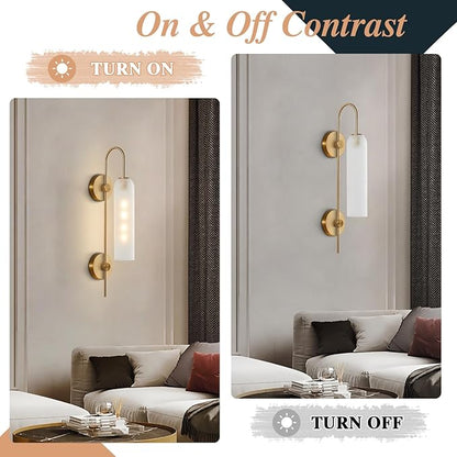 BOKT Mid Century Modern 1-Light Wall Mounted Light Brushed Gold Metal Wall Sconce Lighting Minimalist Anti Brass Wall Sconce Lamp White Glass Bathroom Vanity Light Fixture (White)