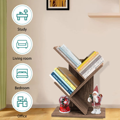 ZRWD Tree Bookshelf, 3-Tier Small Book Storage Organizer Shelves Floor Standing Bookcase, Wood Storage Rack for Office Home School Shelf Display for Cd/Magazine（Dark Walnut ）