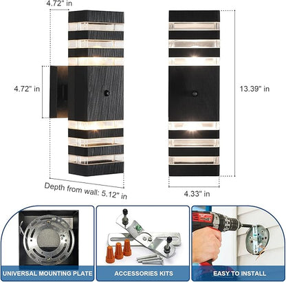 2PK Dusk to Dawn Sensor Outdoor Wall Lights Up Down Porch Lights Modern Exterior Light Fixtures Photocell Waterproof Black Aluminum Housing for Front Porch, Patio, Garage (Use Two E26 Bulbs)