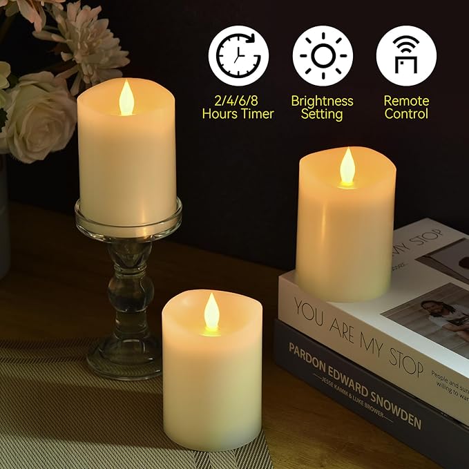 3x4 inch Flameless Candles: Realistic Flameless LED, Battery-Powered Pillar Candles with Remote & Timer, Fake Candles for Fall Decor, (Ivory, 3"*4"-3pcs)