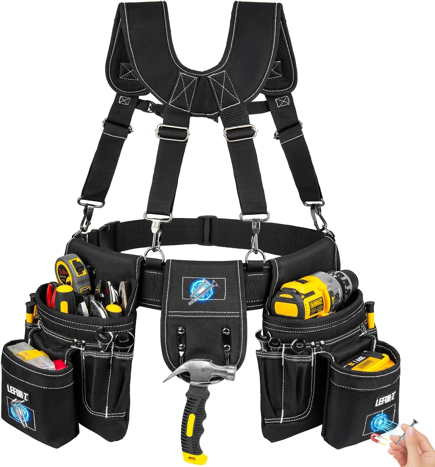 Tool Belt with Suspenders,27-Pockets Heavy Duty Tool Belts for Men with Magnetic Tool Pouch,Detachable & Adjustable Work Belt Bag for Electrician,Carpenter,Construction,Utility Toolbelt,Black