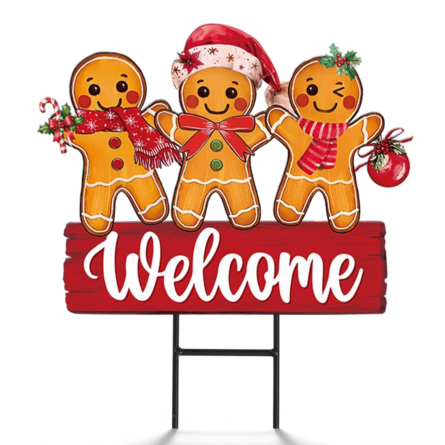 Whaline Christmas Metal Garden Stake Welcome Yard Sign Gingerbread Man Decorative Lawn Sign for Xmas Winter Holiday Home Outside Lawn Porch Walkway Decors