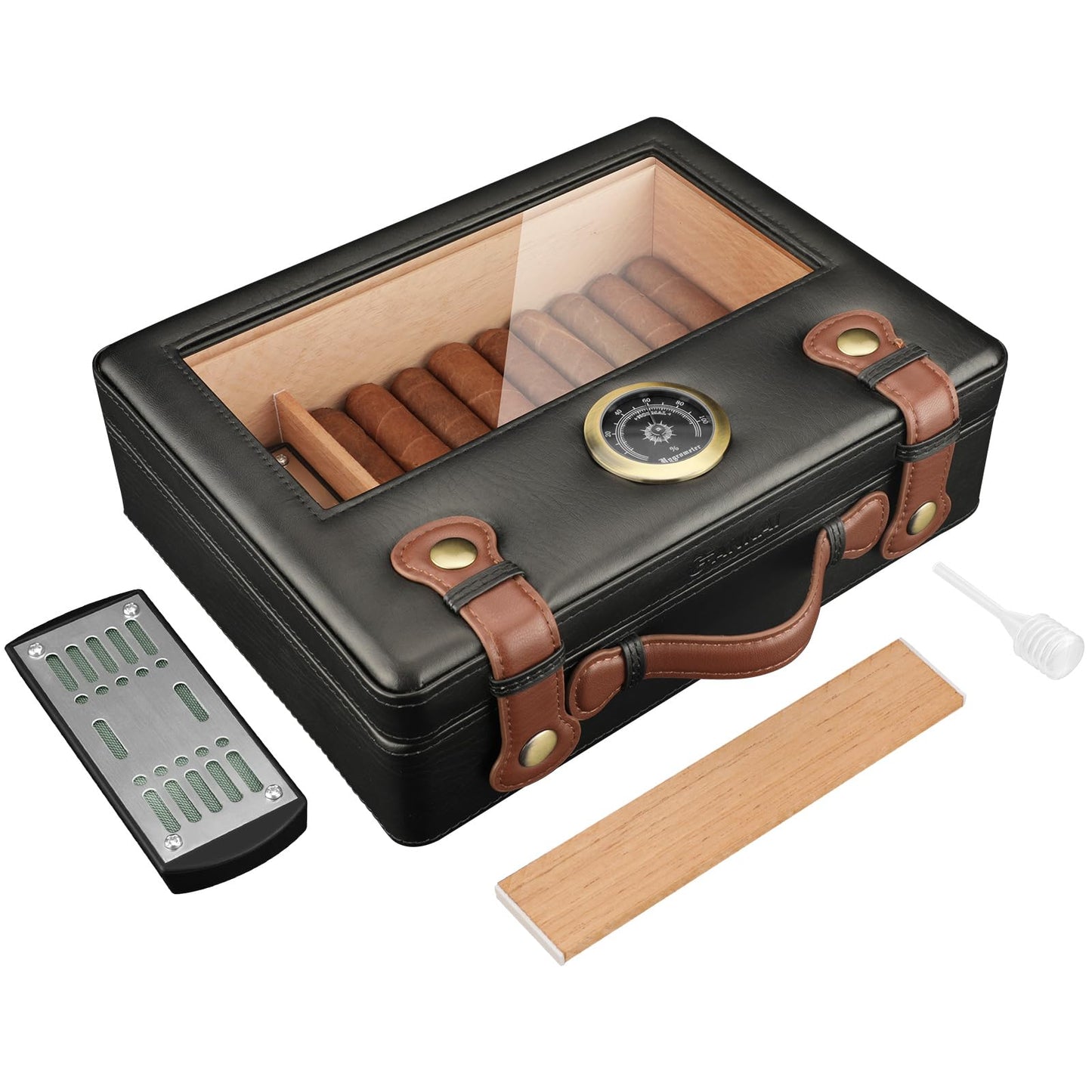 FANKAI Cigar Humidor, Cigar Box with Hygrometer Humidifier and Divider, Glass Top Cedar Wood Storage Case for 30pcs-50pcs Cigars,Travel Cigar Accessories