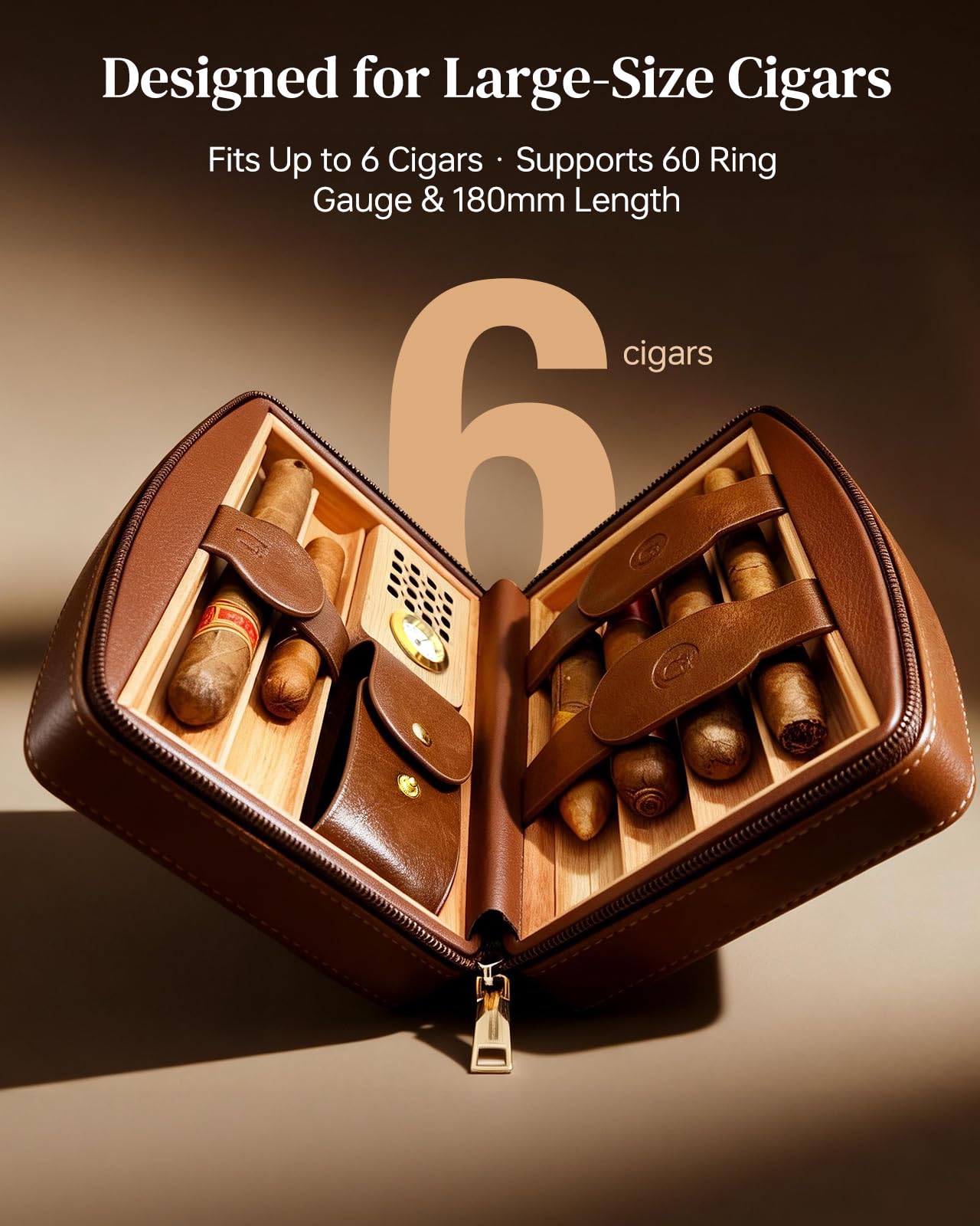 DGHOPE Cigar Humidor, Holds 6 Cigars (Max 7”/Ring 60), Spanish Cedar Lined, Hygrometer & Humidifier w/Dropper, 3-Pocket Storage, Gift (Brown)