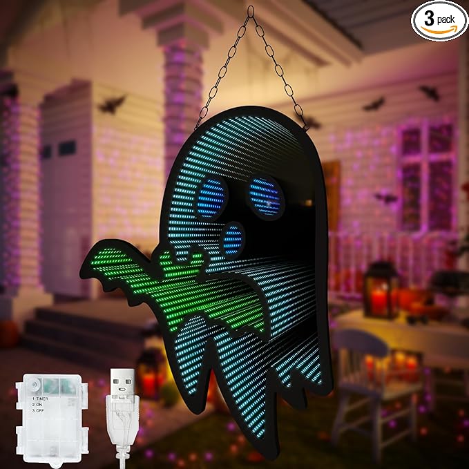 Halloween Ghost Night Lights, 3D Infinite Mirror Ghost Light with Bat, 12.2" x 16.54" LED Lighted Halloween Indoor Decoration for Kids Party Windows Doors Walls, Battery/USB & Plug-in Lights Sign