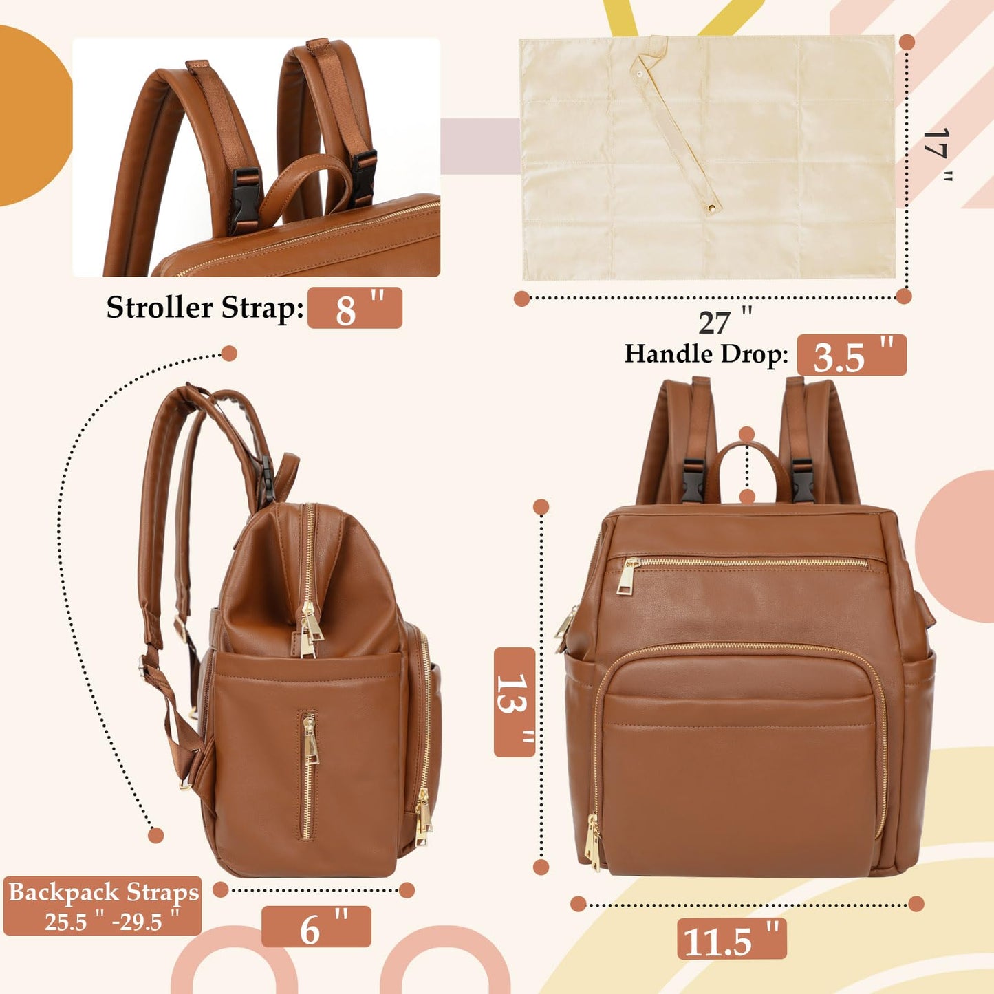 Omanmoli Diaper Bag Backpack Leather Large Baby Diaper Bag Essentials With 18 Organizing Pockets,6 Insulated Pockets,USB Charging Port,Stroller Straps,Changing Pad (Brown)
