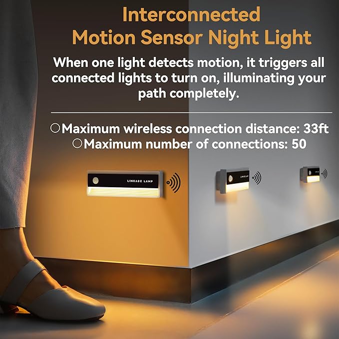 3 Pack Linkage Rechargeable Night Light with Motion Sensor and Dusk to Dawn Sensor, Wireless Indoor Linkable Activated Night Lights for Stair Hallway Bedroom