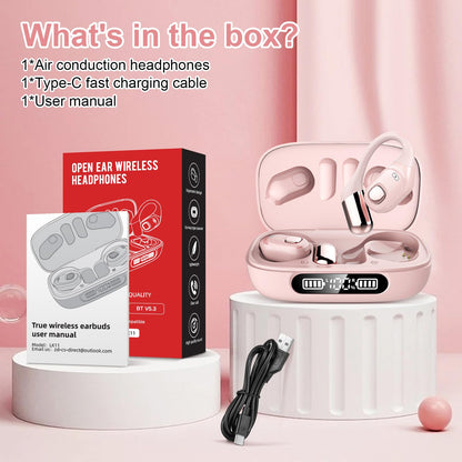 2B2C Open Ear Earbuds, Bluetooth 5.3 Wireless Air Conduction Headphones with Mic, LED Display Charging Case&Fast Charging, Ultra-Light Weight, 80H Playtime Earbuds for Work, Sports (Pink)