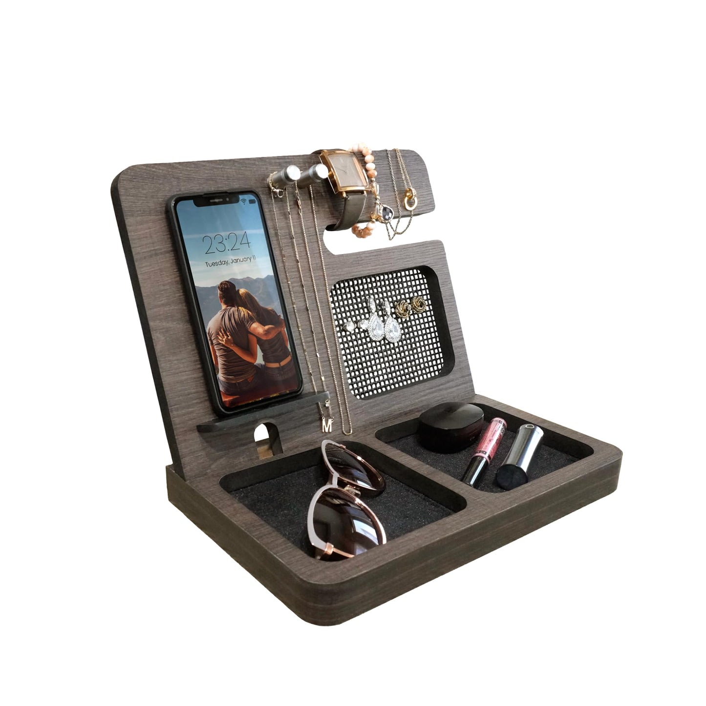 Namore Nightstand Organizer for Women – Wood Phone Docking Station & Jewelry Valet Tray for Phone, Earrings, Wallet & Keys – Unique Gifts for Women, Wife, Mom