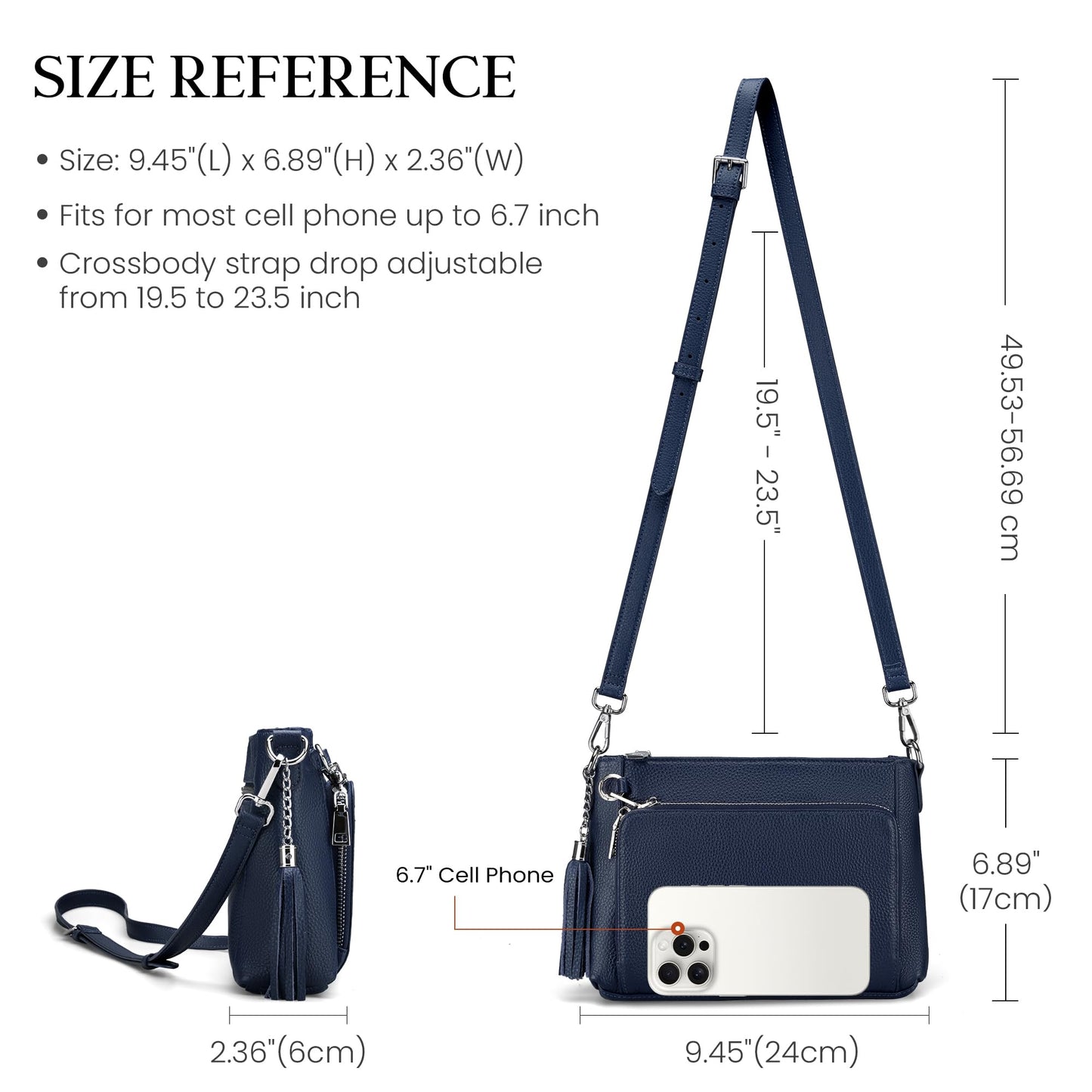 befen Genuine Leather Crossbody Bags for Women, RFID Blocking Leather Purse with Built in Wallet, Anti Theft Crossbody Bags for Women, Travel Purse with Removable and Adjustable Strap, Navy Blue