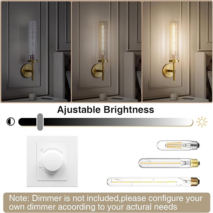 Gold Sconces Wall Lighting 19.48" with Rippled Glass Shade, Solid Knurled Brass Wall Sconces, Vintage Industrial Sconce Lamps for Bedroom Bathroom Entryway & Staircase Mirror Decor(Including Bulb)