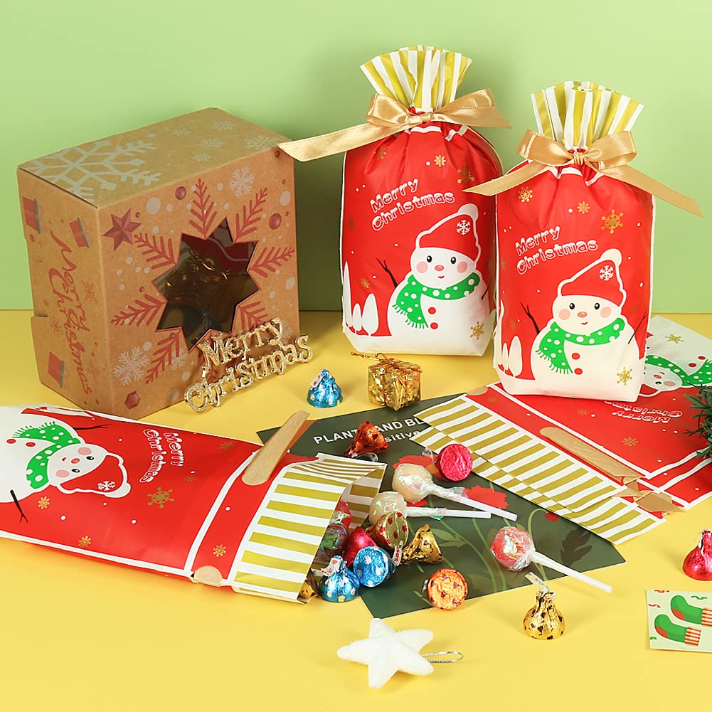 HRX Package 50pcs Christmas Goodie Bags, 5.8x9x2.4 inch Drawstring Candy Treat Bags for Food Cookies Gift Giving