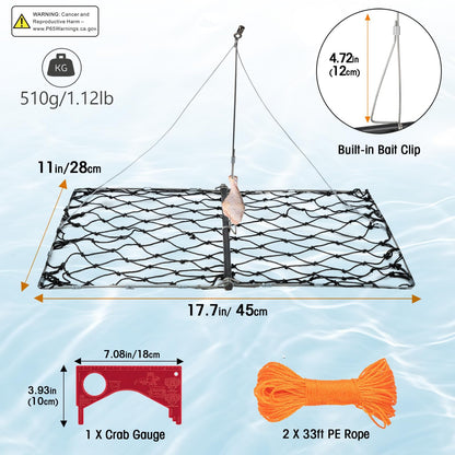 QualyQualy 2 Set Castable Crab Trap Kit, Foldable Crabbing Net with Rope & Bait Clip, Crab Snare/Pots/Traps for Blue Crabs, Dungeness, Crawfish Portable Crabbing Equipment