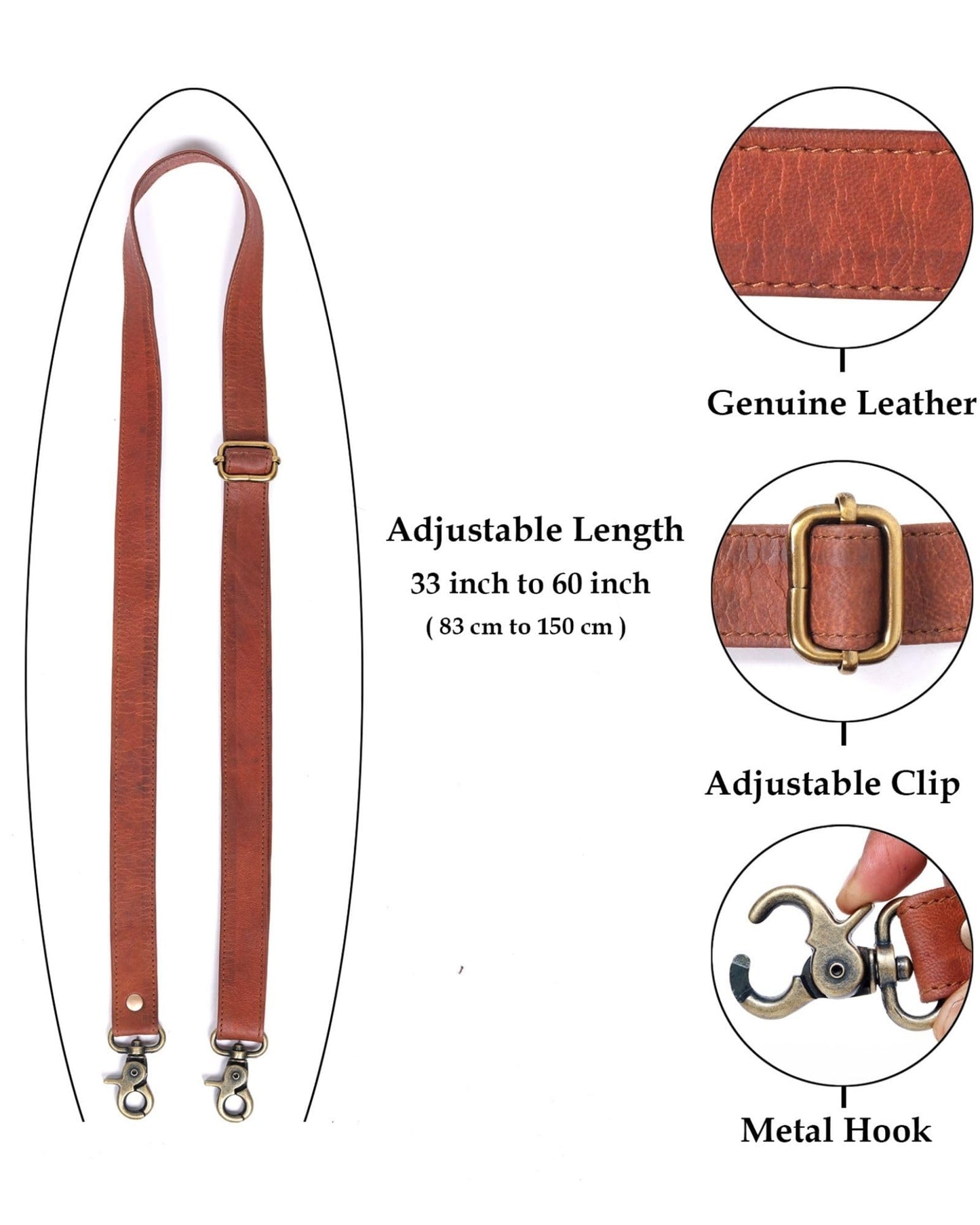 60-inch Genuine Leather Crossbody Strap Replacement for Purse, Handbag & Messenger Bag 1” Wide Adjustable Shoulder Strap (Tan)