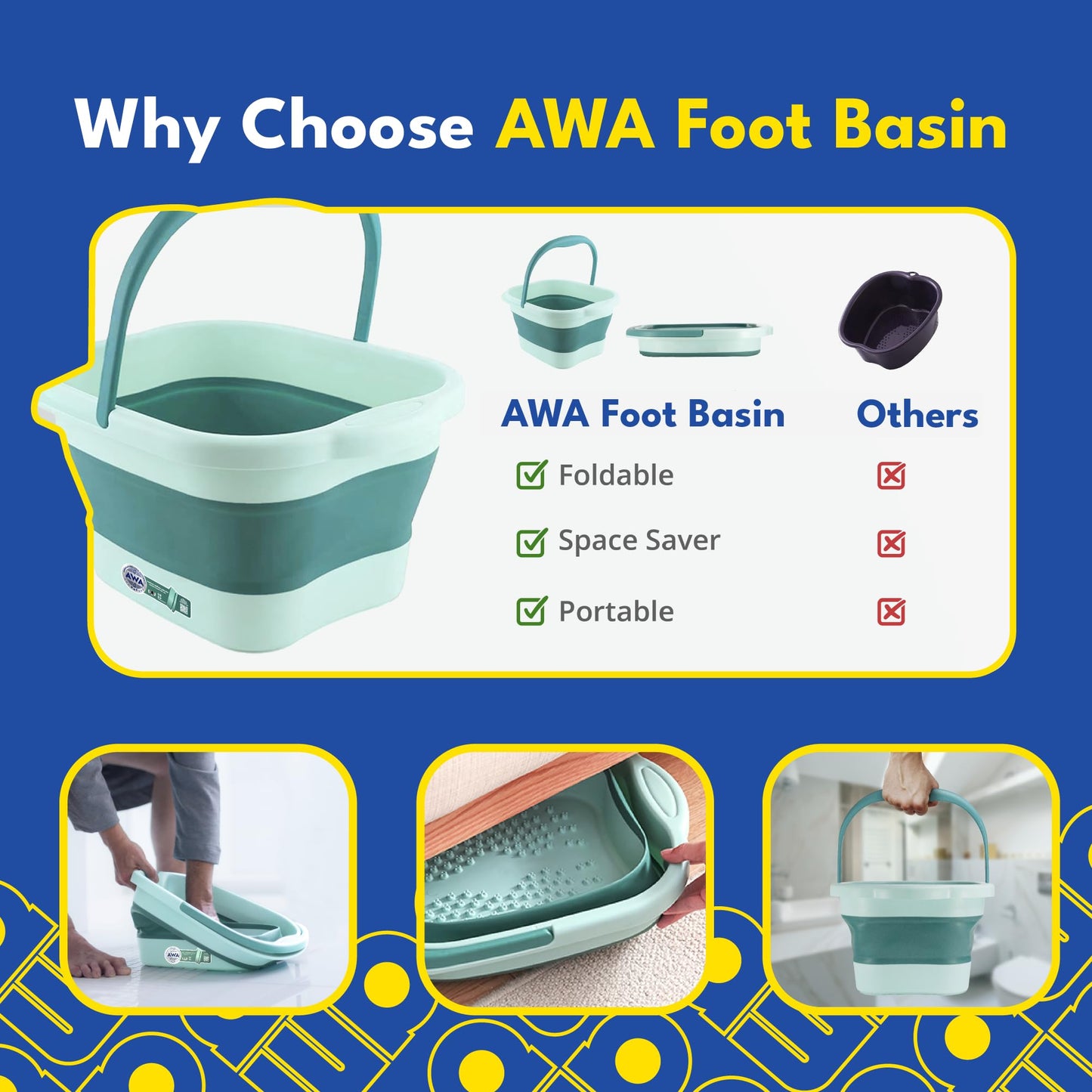 American Wellness Authority AWA Extra Large foot bath basin - Sturdy plastic soak tub For Soaking feet and Pedicure At Home Spa Kit Women Men (Grey Basin), 1.0 Count