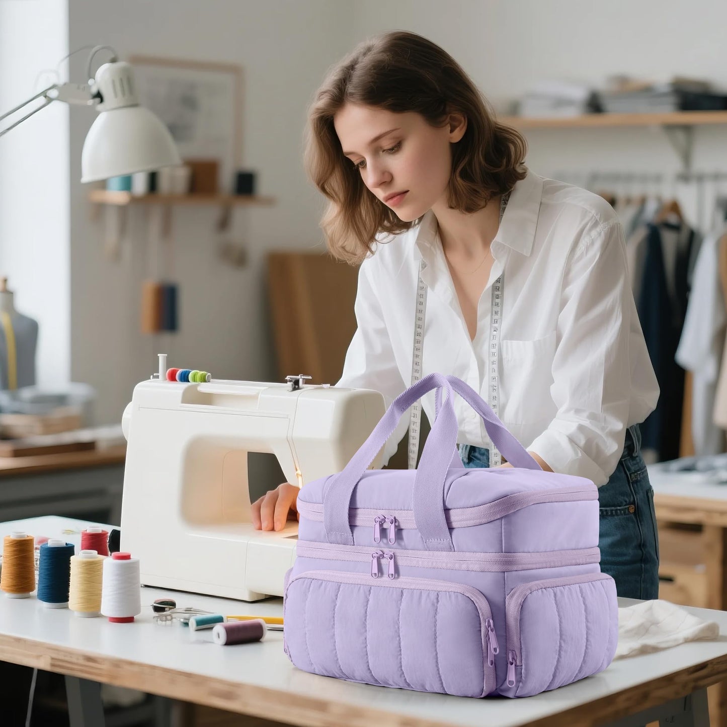 Marscamd Puffer Sewing Organizer Bag, Large Capacity with Multiple Pockets and Detachable Dividers, Storage Box for Threads, Needles, Scissors, Craft Supplies, Purple (Bag ONLY, NO Supplies)