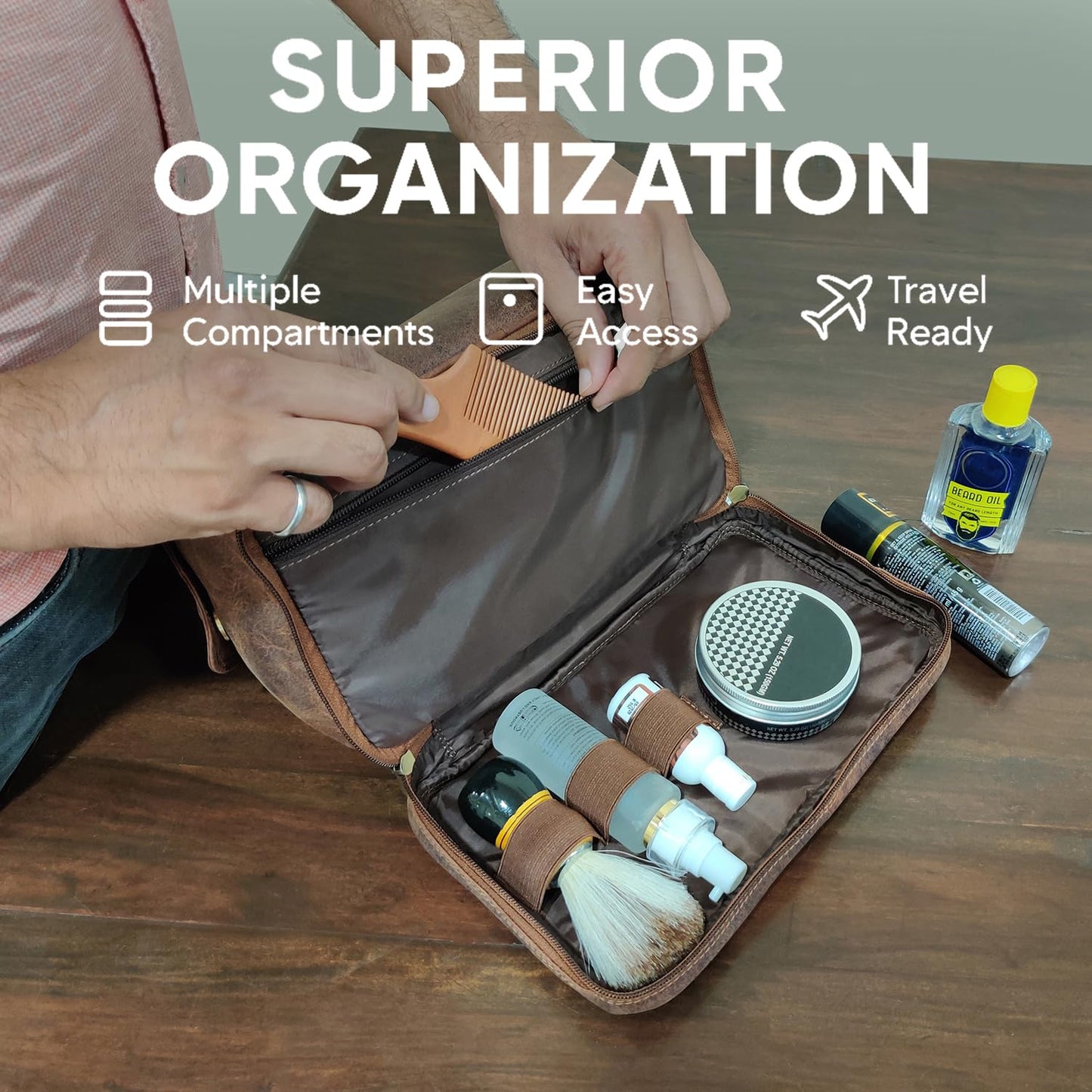 Leather Toiletry Bag for Men - Travel Shaving Dopp Kit - Bathroom Shower Toiletries Organizer - Cosmetic Makeup Bag for Women